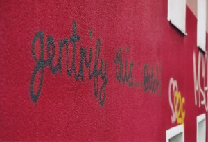 Graffiti auf einer frisch gestrichenen roten Wand: gentrifiy this...Bitch!
