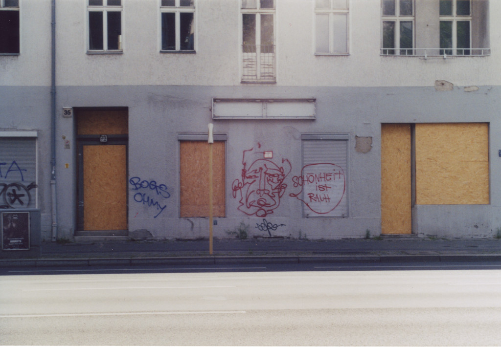 Eine Hausfassade an einer breiten Strasse, die unteren Fenster sind mit Holz vernagelt, über die Hausfront ein Graffiti mit einem eher abstrakten Gesicht und dem Schriftzug "Schönheit ist rauh"